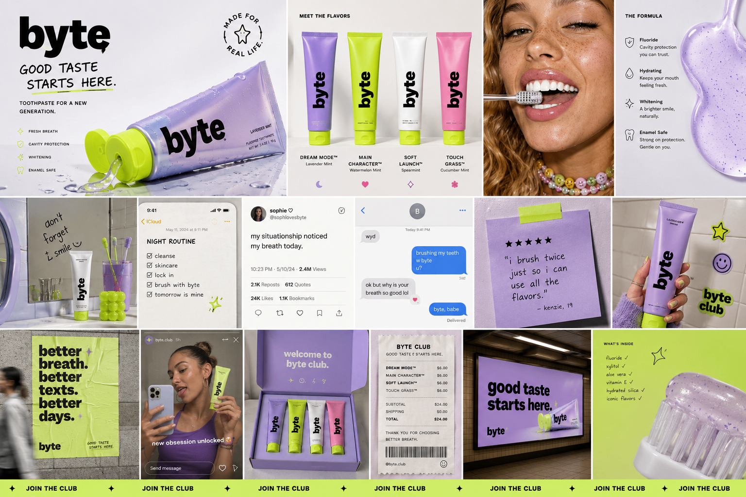Byte toothpaste in lime and lilac.